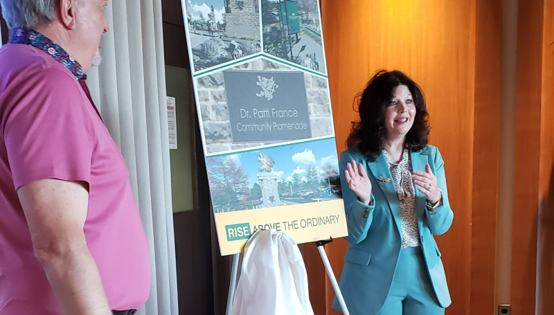 A new Community Promenade welcoming visitors at the College’s Cabana Road entrance was unveiled Tuesday and named for President Patti France.