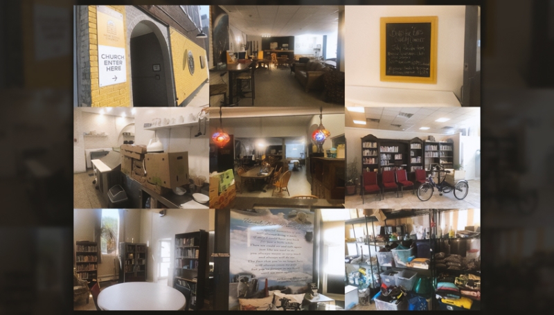 A photo collage of the Café at New Song Church and the pantry, kitchen and office spaces at Feeding Windsor Essex