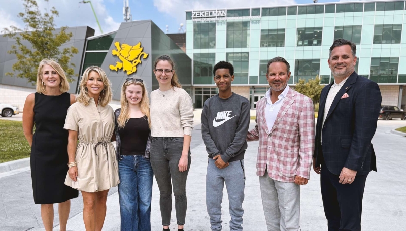 Lorraine Goddard, Stephanie Zekelman, Ashley Dunn, Gracie Friesen, Yonatan Alem, Barry Zekelman and President Michael Silvaggi at Windsor Main Campus