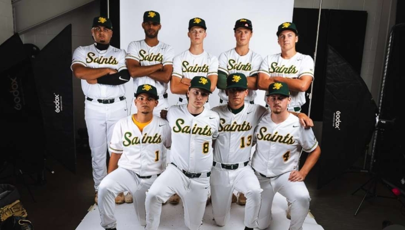 Members of the Saints Men's Baseball team from a pre-season photoshoot.