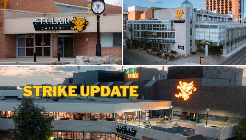 A picture collage of St. Clair College's Main Windsor, Downtown and Chatham Campuses. 