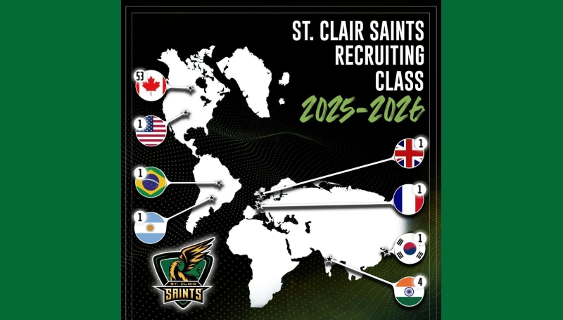 A map showing the geography of the St. Clair Saints Esports recruiting class for 2025-2026 season.