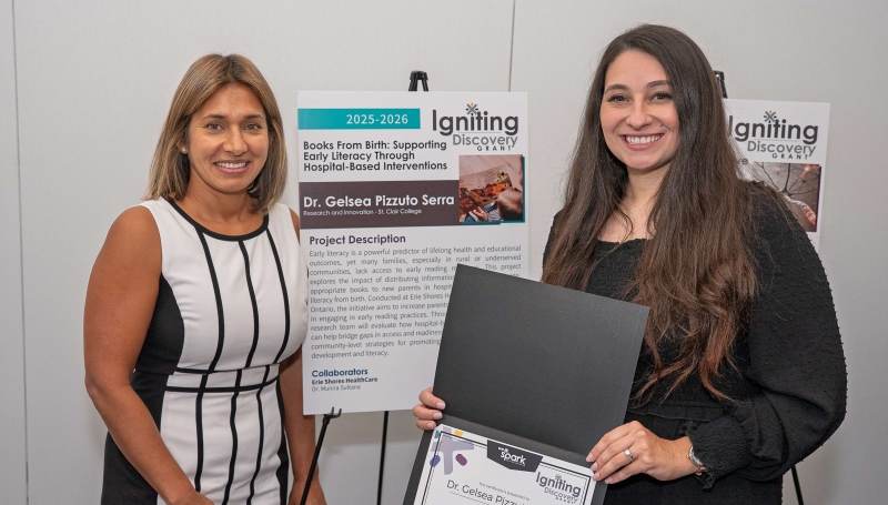 Neelu Sehgal, Chief Nursing Executive, Erie Shores HealthCare, and Dr. Gelsea Pizzuto Serra of St. Clair College Research and Innovation) at the WE-Spark grants announcement in August, 2025. 