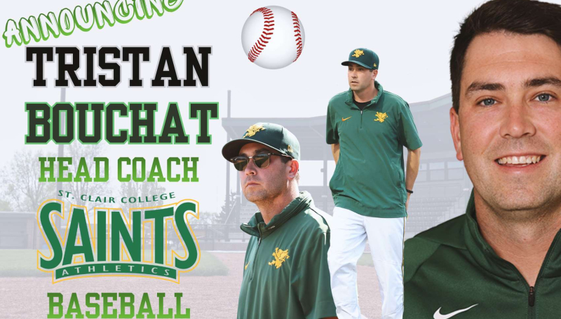 Graphic announcing Tristan Bouchat as the head coach of the Saints Men's Baseball Team
