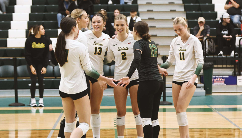Womens volleyball players celebrating on court