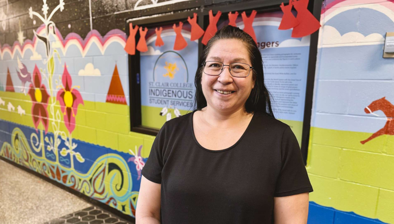 Tina Jacobs, the Indigenous Learning Advisor at St. Clair College, out front of the Indigenous Student Centre