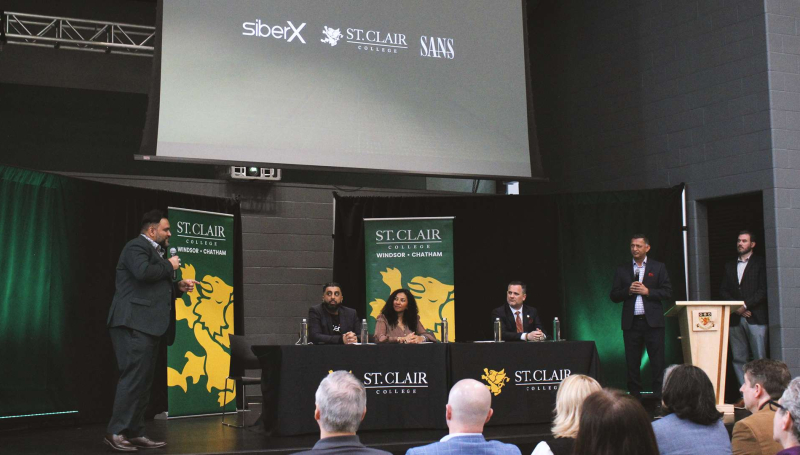 Representatives from siberX, SANS, and St. Clair College announcing a cybersecurity executive education partnership at Main Windsor Campus
