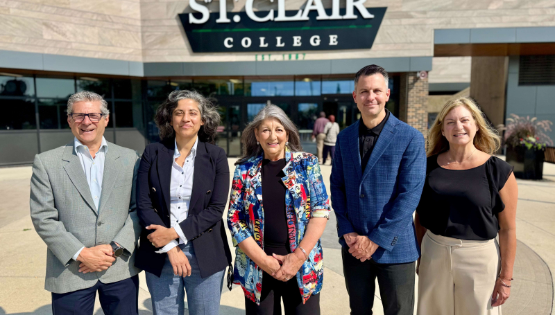 Windsor-Tecumseh-Lakeshore MP Kathy Borrelli is flanked by members of St. Clair College's Research and Innovation team during a campus visit July 9, 2026.