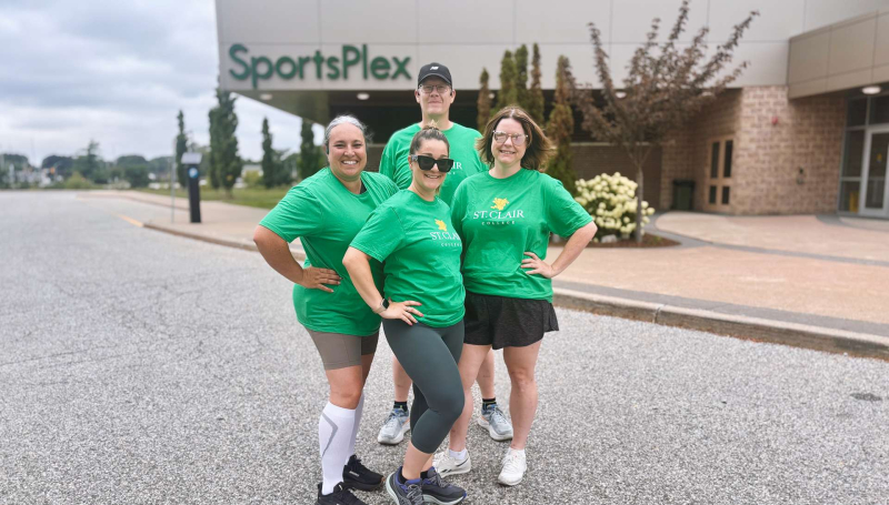 Four members of the Saints on the Run club, including Andrea Fryer, Lauren Amlin, Andrew Campbell and Wintre McConnell at the St. Clair College Sportsplex
