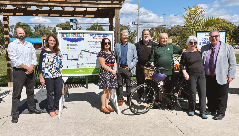Sponsors and City of Windsor representatives gather to kick off Open Streets 2026 at the Farrow Riverside Miracle Park