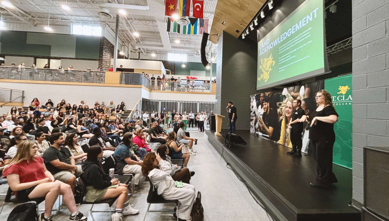 SRC President Ali Hadwan and SSAA President Robbie Durling host the first Fall 2026 Orientation session at the Student Life Centre