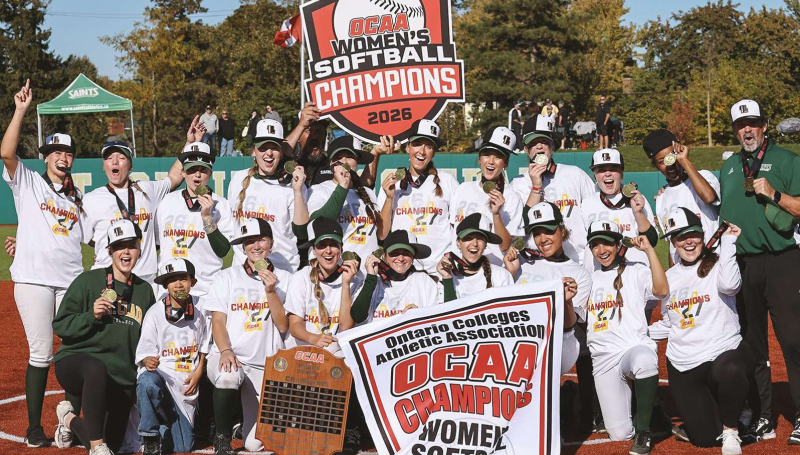 Members of the Saints Women’s Softball team show off their OCAA gold medals after winning the provincial championship
