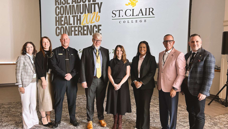 St. Clair College leaders and keynote and session leaders gather at the fourth annual Rise Above Community Health Conference